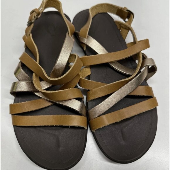 OluKai Awe Awe Sandals Leather Strappy Shoes Open Toe Brown Gold Womens Size 7 - Picture 7 of 12